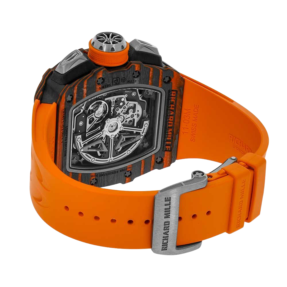 RM 11-03 McLaren Carbon TPT, Skeleton Dial, Orange Strap, 50 mm
