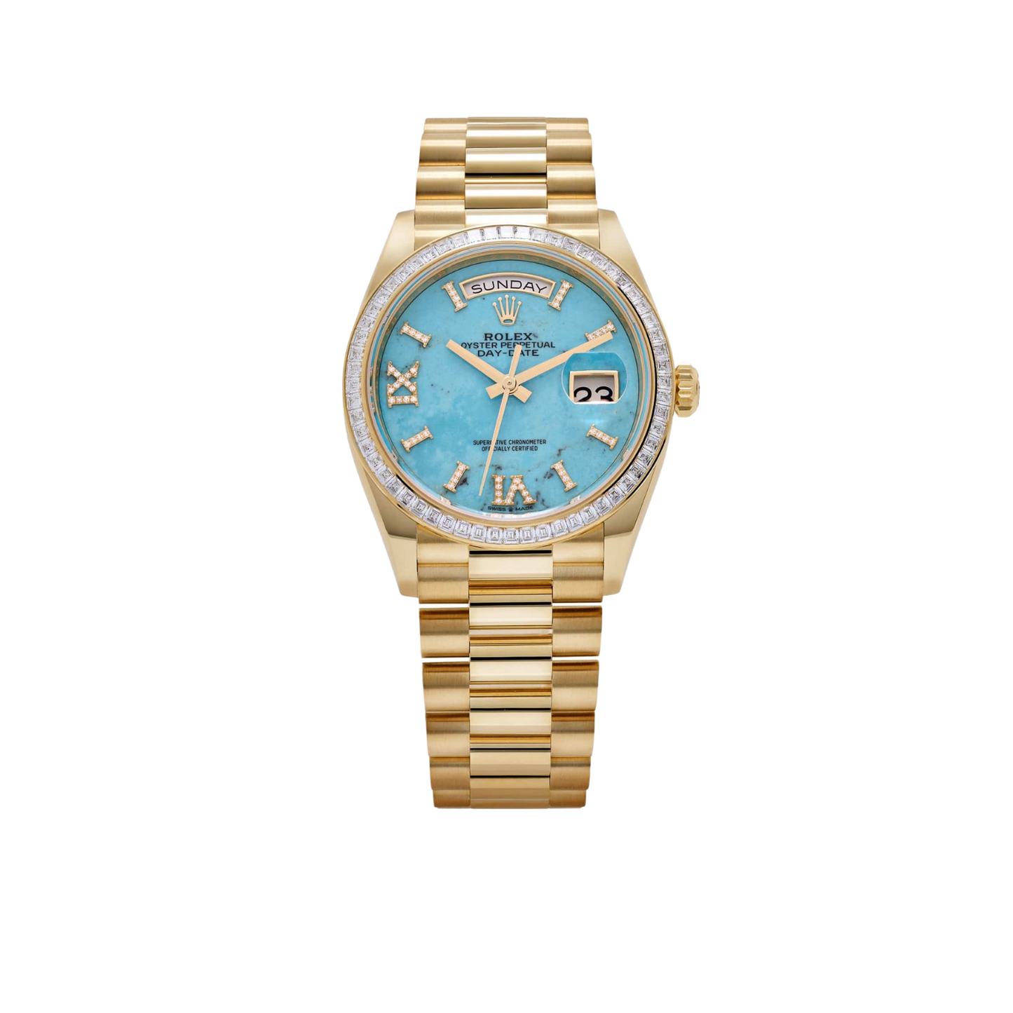 Day-Date 36mm Yellow Gold Turquoise Stone Diamond Roman Numerals Dial Diamond Bezel 128398TBR