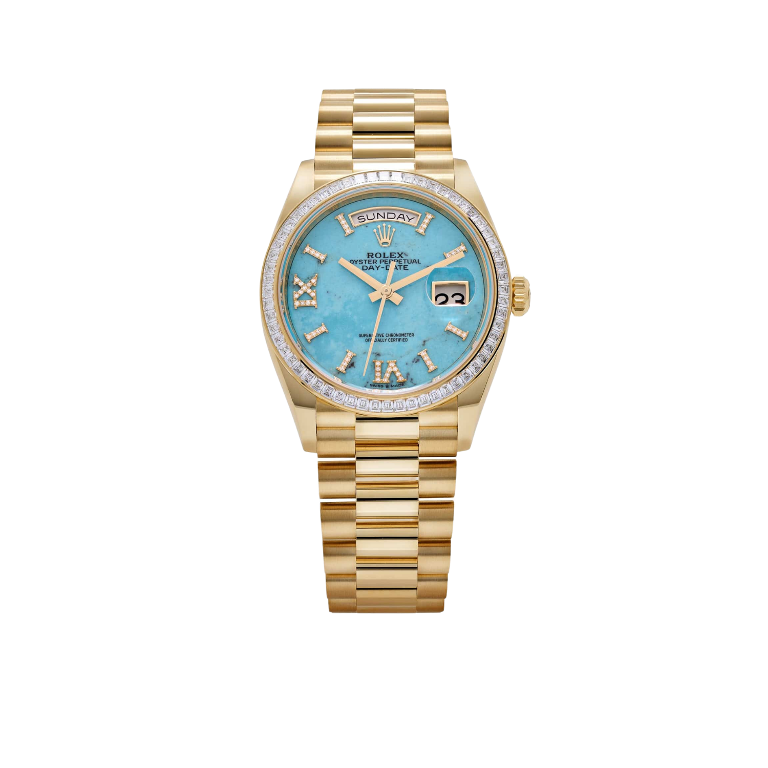 Day-Date 36mm Yellow Gold Turquoise Stone Diamond Roman Numerals Dial Diamond Bezel 128398TBR