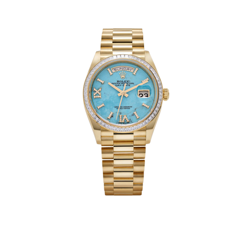 Day-Date 36mm Yellow Gold Turquoise Stone Diamond Roman Numerals Dial Diamond Bezel 128398TBR