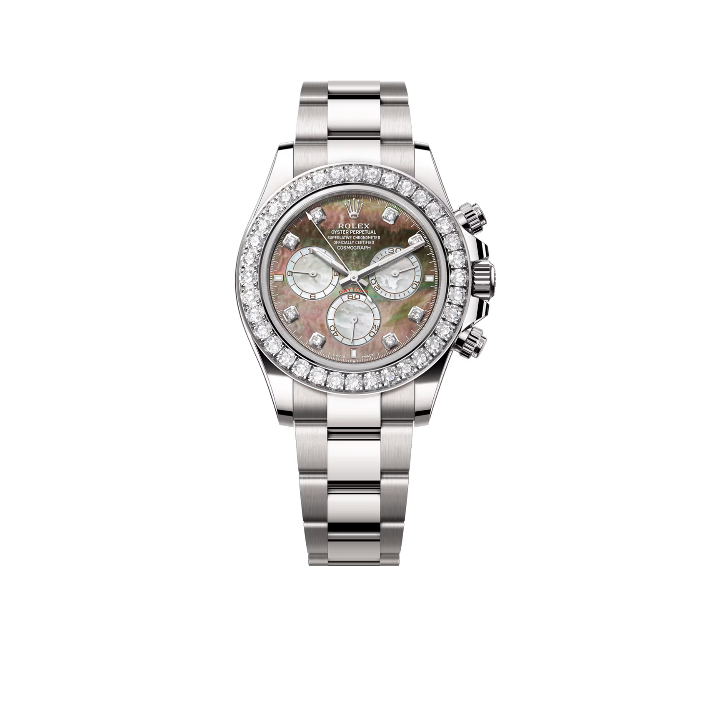 Daytona 40mm Oyster White Gold Black and White Mother of Pearl Diamond Dial & Bezel 126579RBR