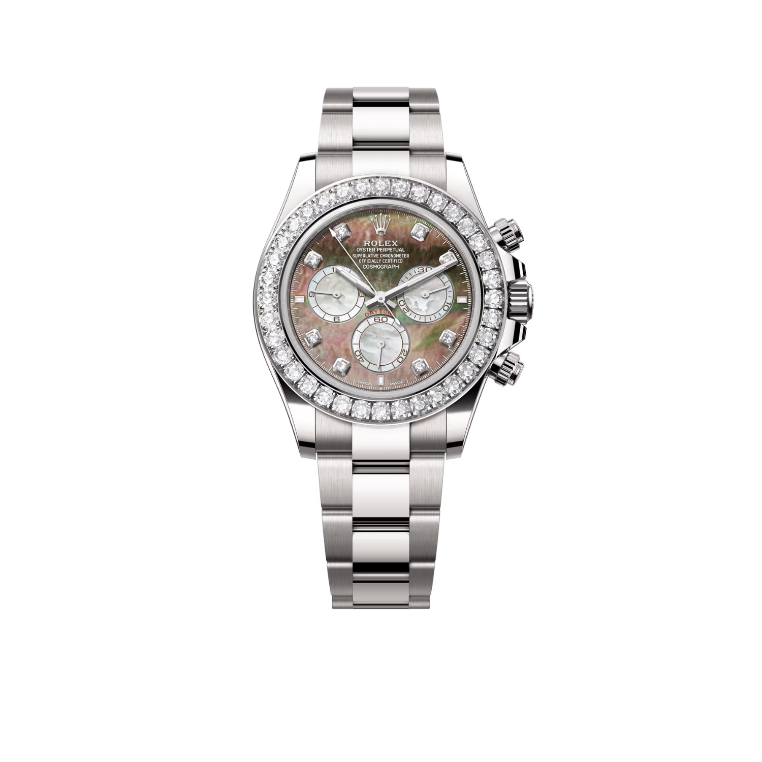 Daytona 40mm Oyster White Gold Black and White Mother of Pearl Diamond Dial & Bezel 126579RBR