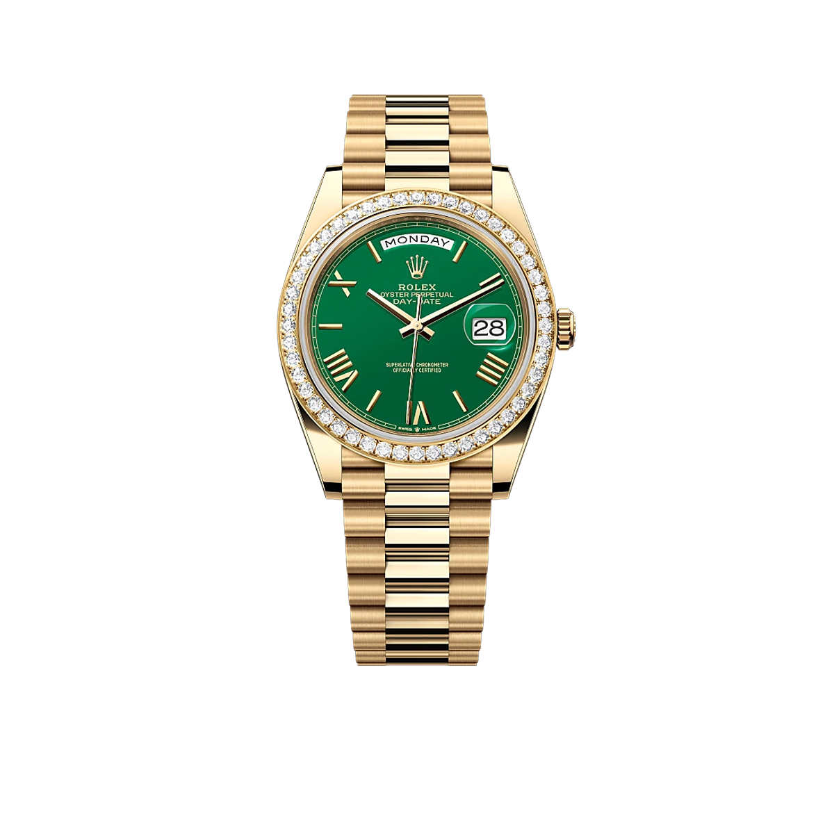 Day-Date 40 Yellow Gold Green Roman Numeral Dial Diamond Bezel M228348RBR-0040