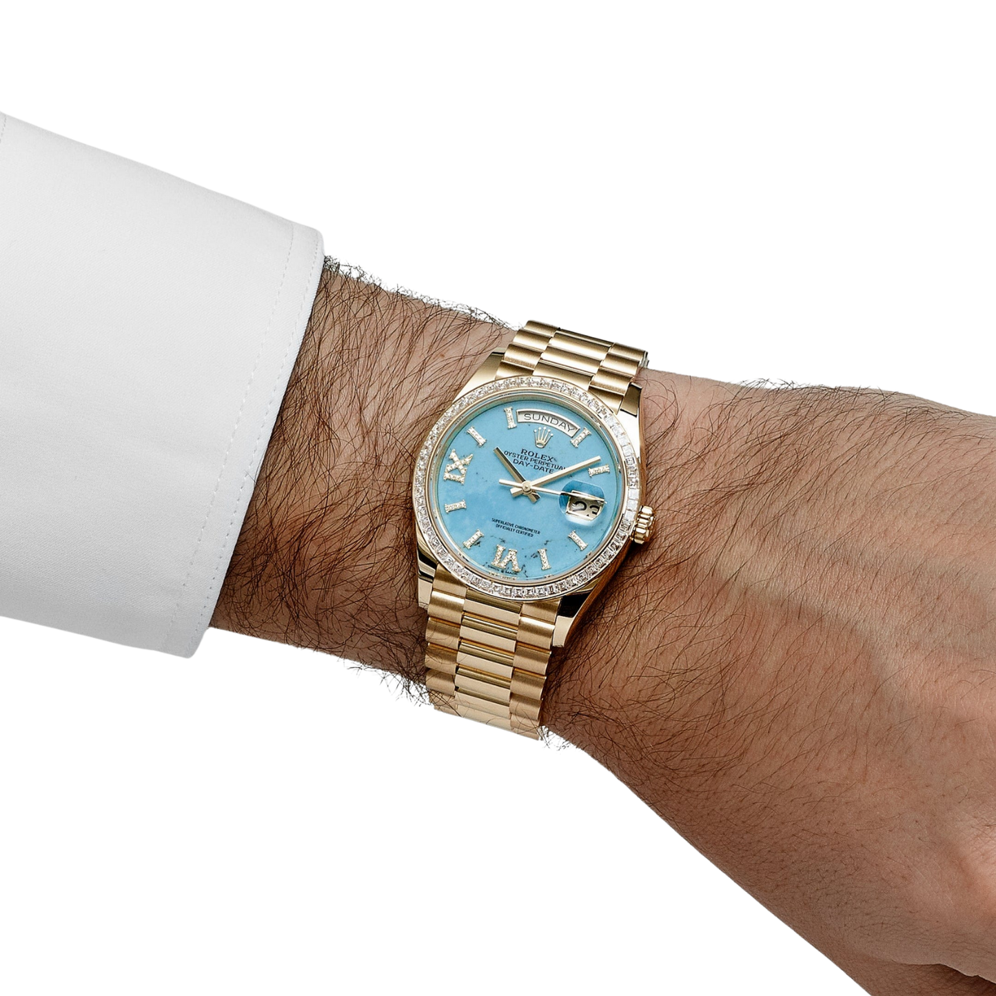 Day-Date 36mm Yellow Gold Turquoise Stone Diamond Roman Numerals Dial Diamond Bezel 128398TBR