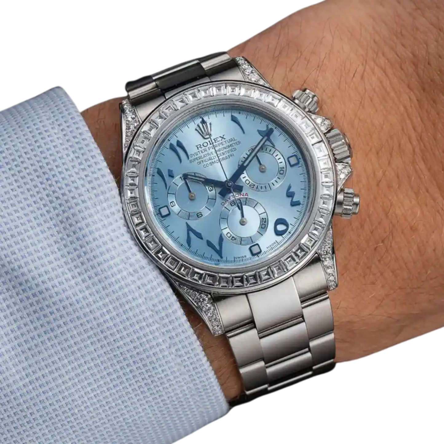 Daytona 40mm Baguette Diamond Bezel IceBlue Arabic Dial 116576TBR-0005