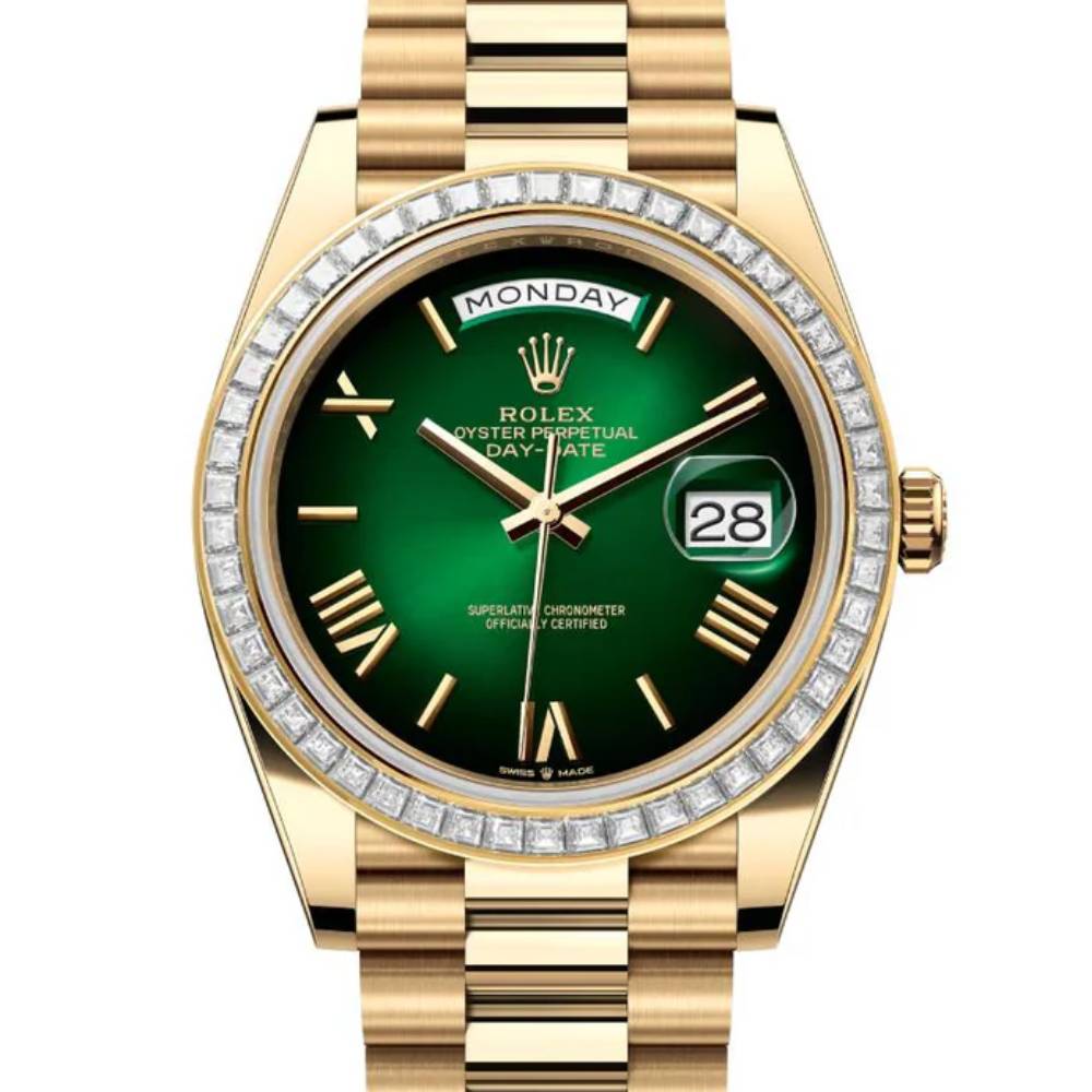 Day-Date 40mm | 18k yellow gold President bracelet | Green ombré dial Diamond bezel | Mens Watch 228398TBR