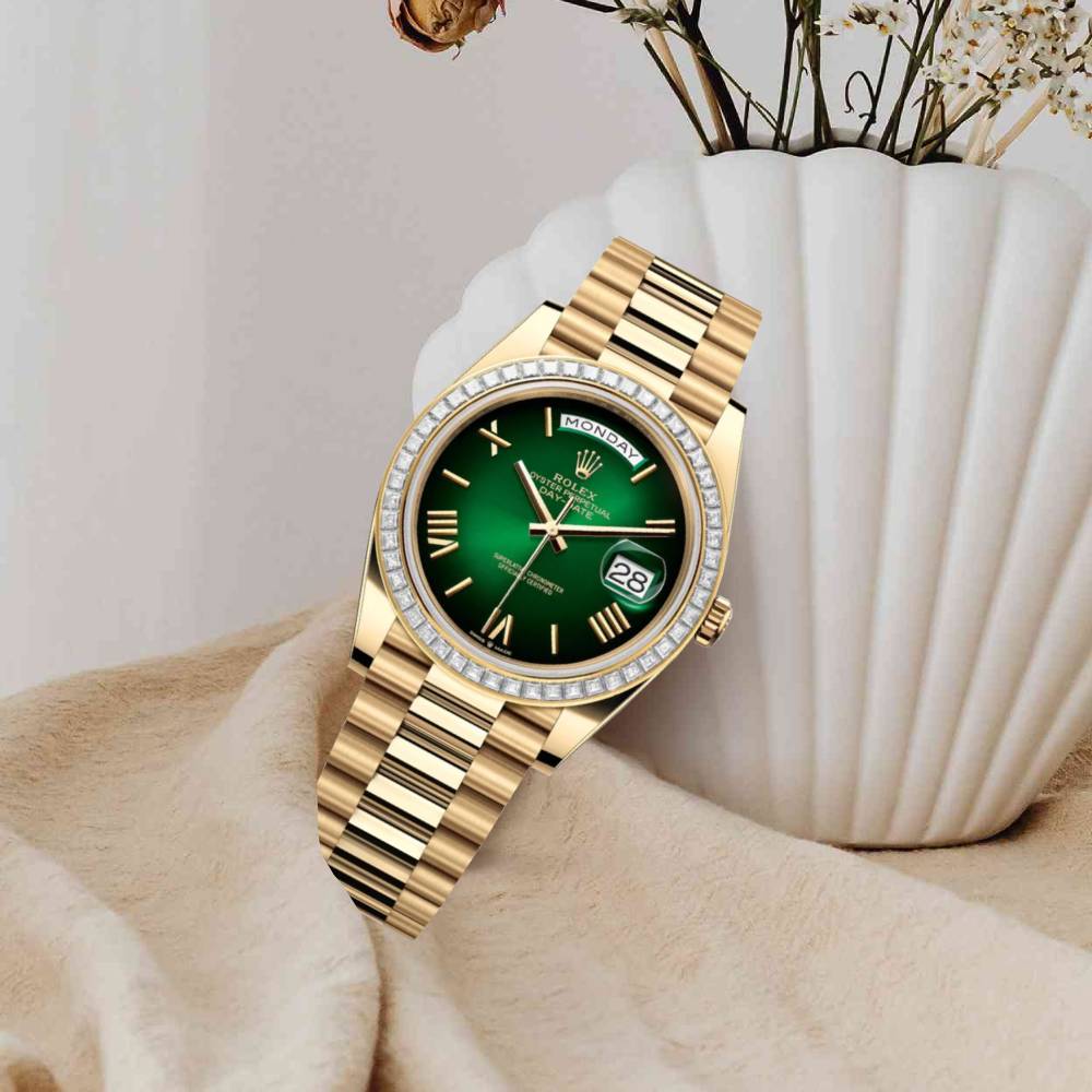 Day-Date 40mm | 18k yellow gold President bracelet | Green ombré dial Diamond bezel | Mens Watch 228398TBR