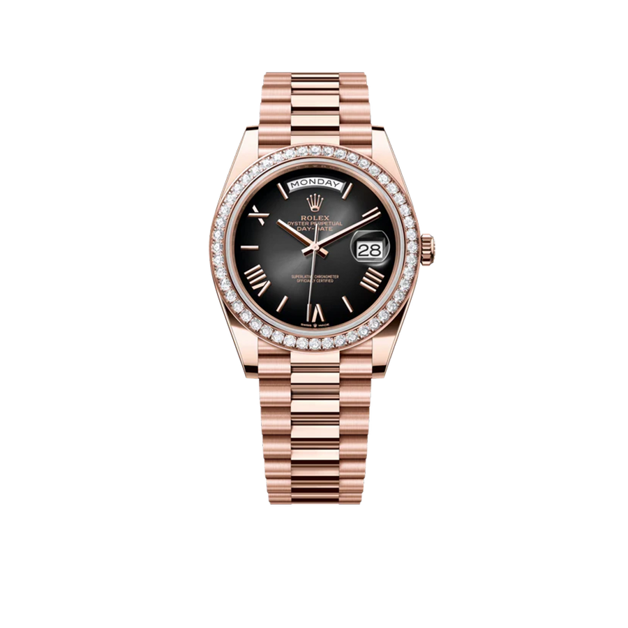 Day-Date 40 228345 Rose Gold Black Dial Diamond Bezel