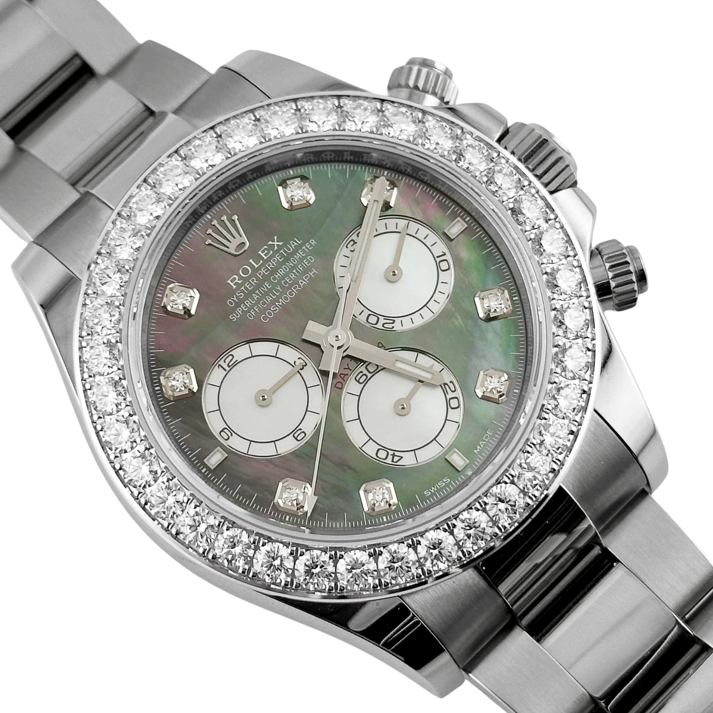 Daytona 40mm Oyster White Gold Black and White Mother of Pearl Diamond Dial & Bezel 126579RBR