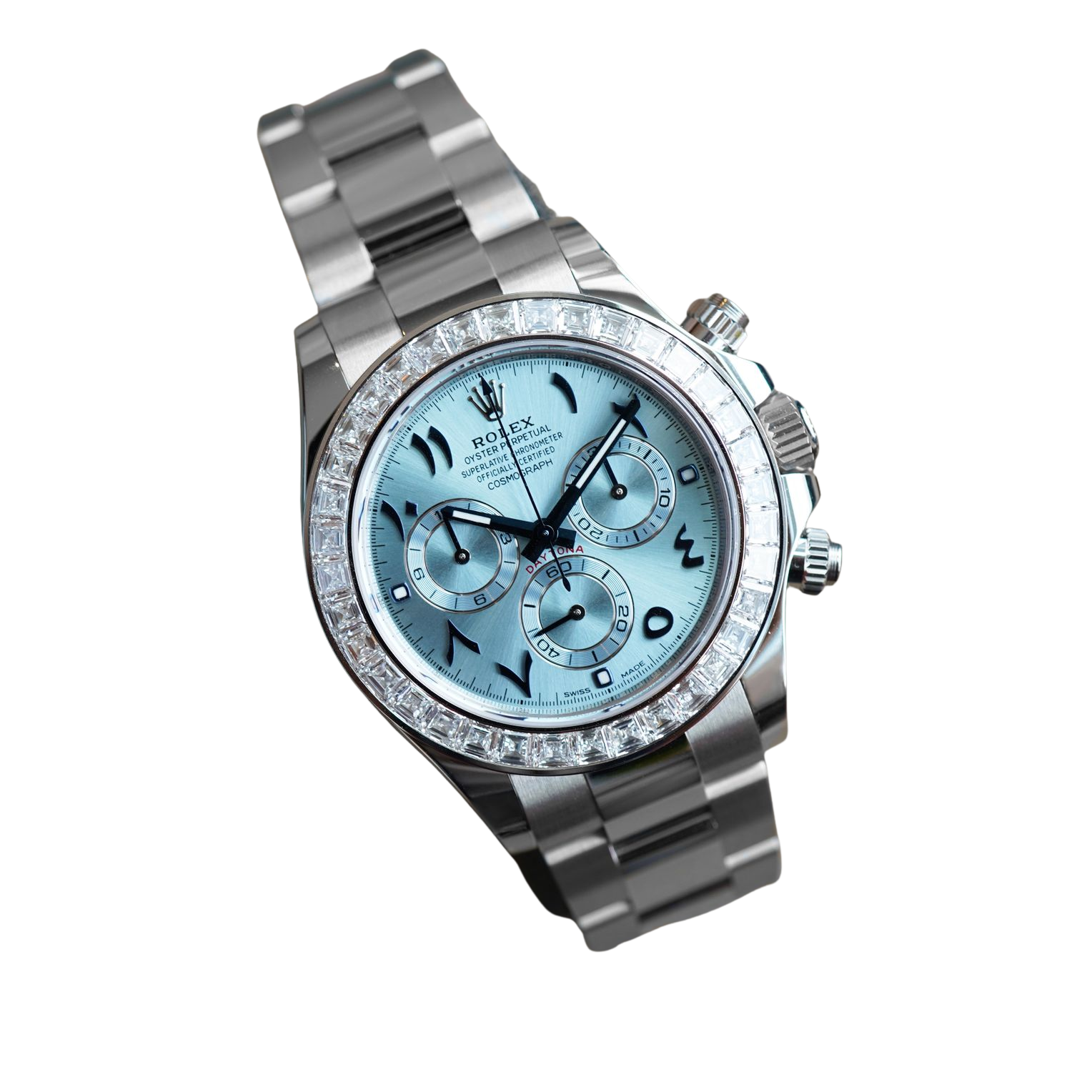 Daytona 40mm Baguette Diamond Bezel IceBlue Arabic Dial 116576TBR-0005