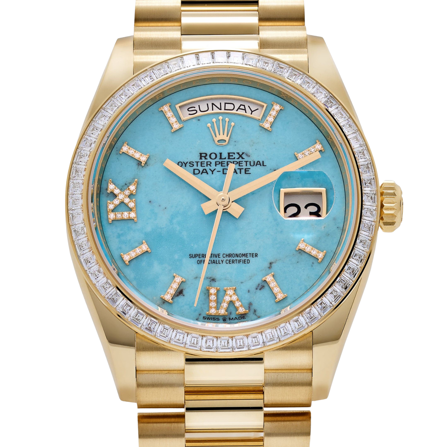Day-Date 36mm Yellow Gold Turquoise Stone Diamond Roman Numerals Dial Diamond Bezel 128398TBR