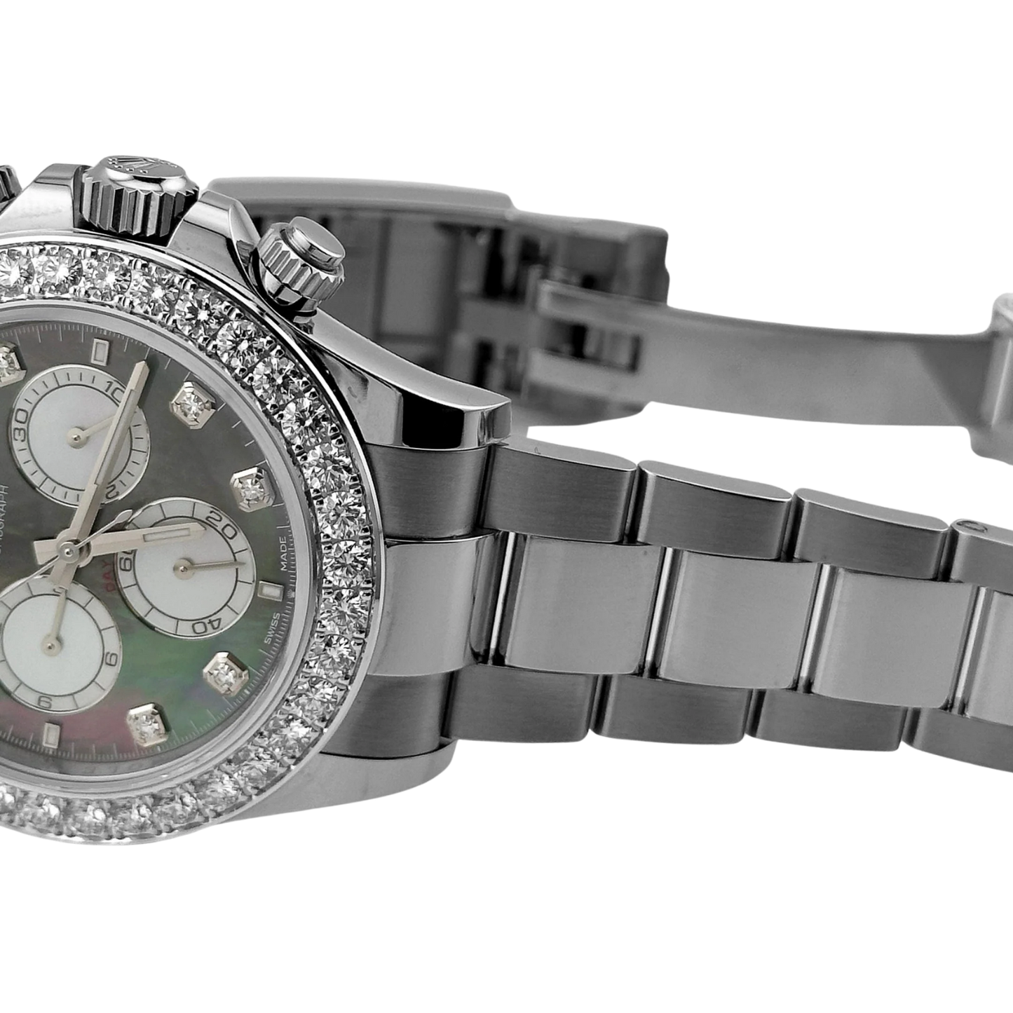 Daytona 40mm Oyster White Gold Black and White Mother of Pearl Diamond Dial & Bezel 126579RBR