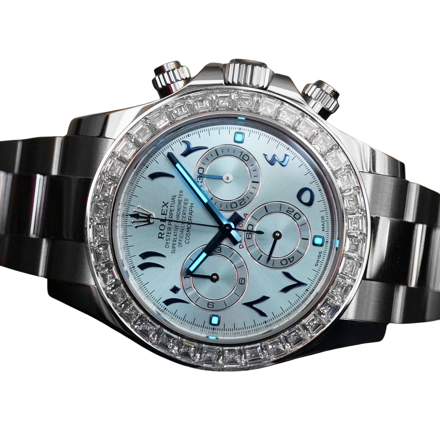 Daytona 40mm Baguette Diamond Bezel IceBlue Arabic Dial 116576TBR-0005