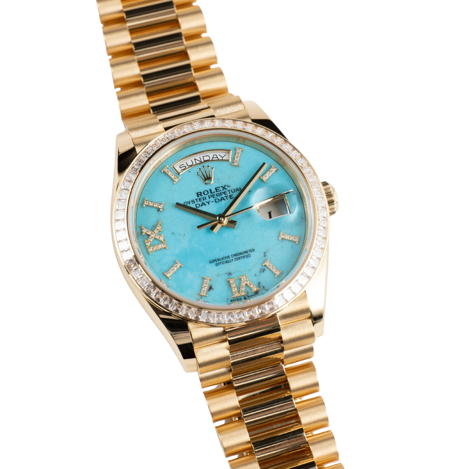 Day-Date 36mm Yellow Gold Turquoise Stone Diamond Roman Numerals Dial Diamond Bezel 128398TBR