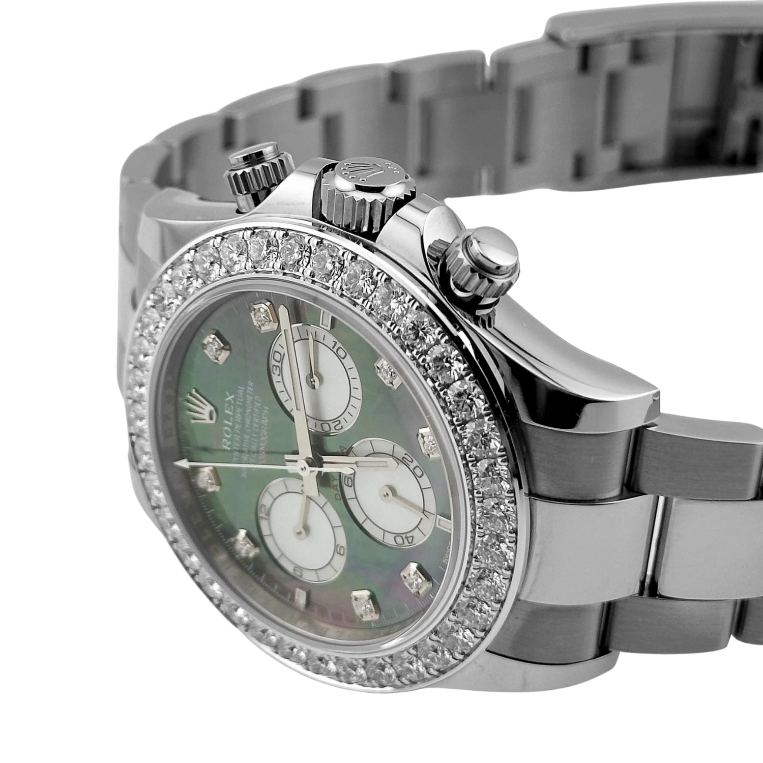Daytona 40mm Oyster White Gold Black and White Mother of Pearl Diamond Dial & Bezel 126579RBR