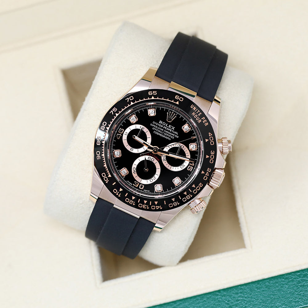 Daytona 40mm Rose Gold Black Diamond Dial Oysterflex Rubber Strap M116515LN-0057