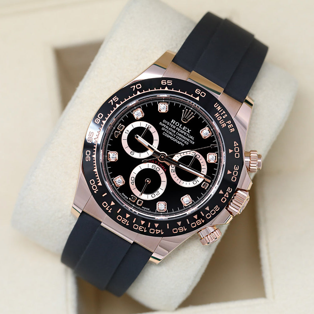 Daytona 40mm Rose Gold Black Diamond Dial Oysterflex Rubber Strap M116515LN-0057