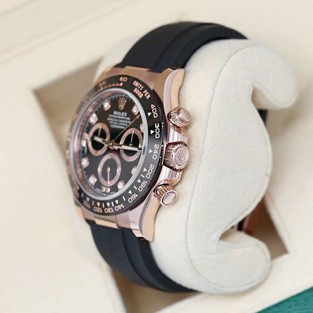 Daytona 40mm Rose Gold Black Diamond Dial Oysterflex Rubber Strap M116515LN-0057