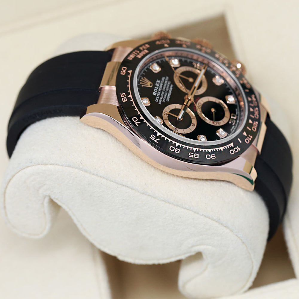 Daytona 40mm Rose Gold Black Diamond Dial Oysterflex Rubber Strap M116515LN-0057