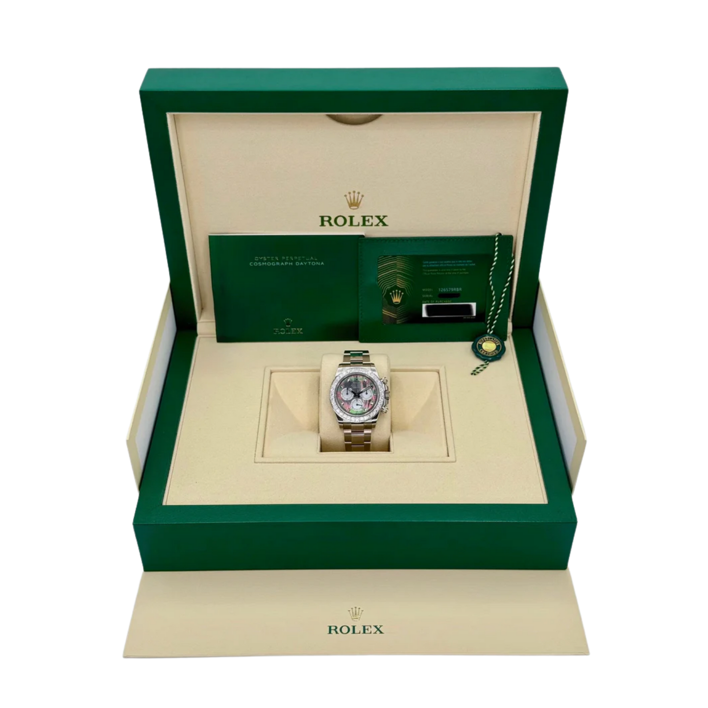Daytona 40mm Oyster White Gold Black and White Mother of Pearl Diamond Dial & Bezel 126579RBR