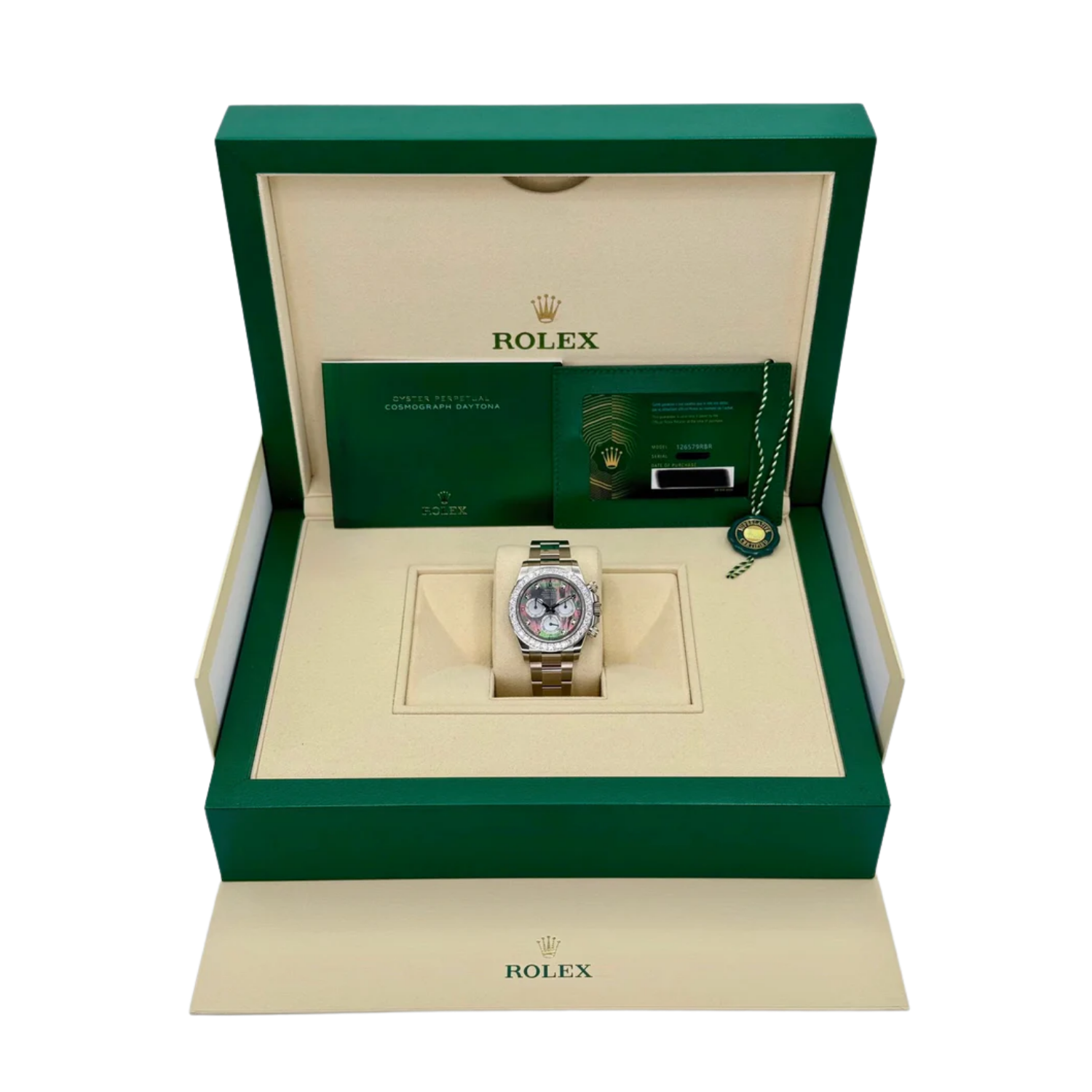 Daytona 40mm Oyster White Gold Black and White Mother of Pearl Diamond Dial & Bezel 126579RBR
