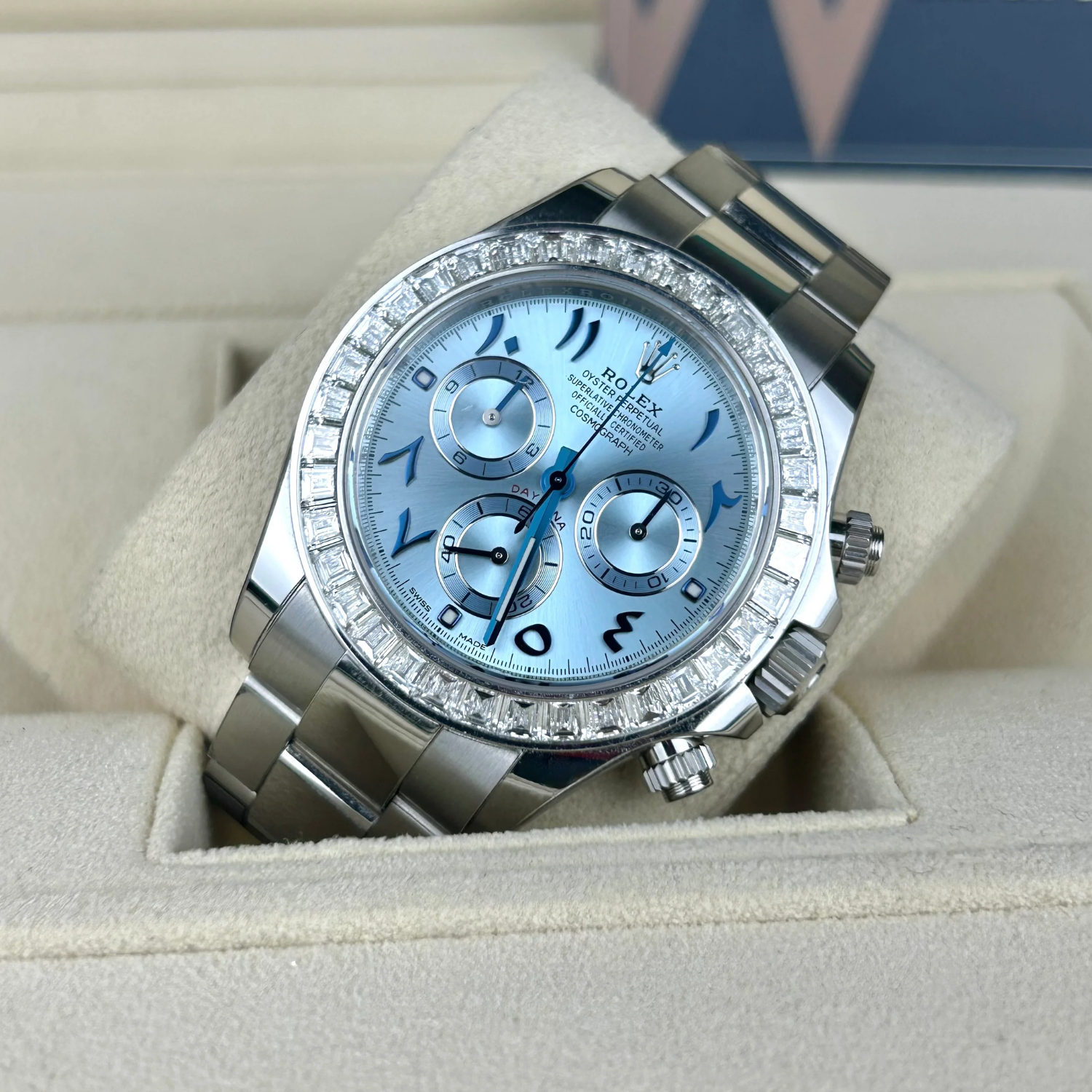 Daytona 40mm Baguette Diamond Bezel IceBlue Arabic Dial 116576TBR-0005