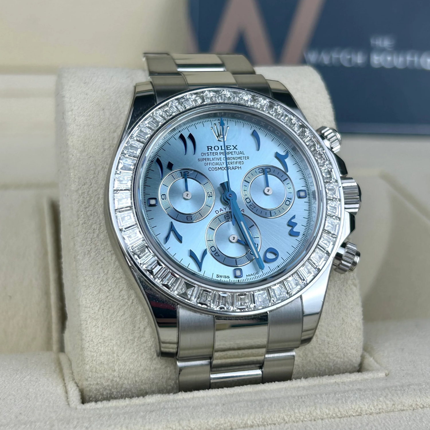 Daytona 40mm Baguette Diamond Bezel IceBlue Arabic Dial 116576TBR-0005