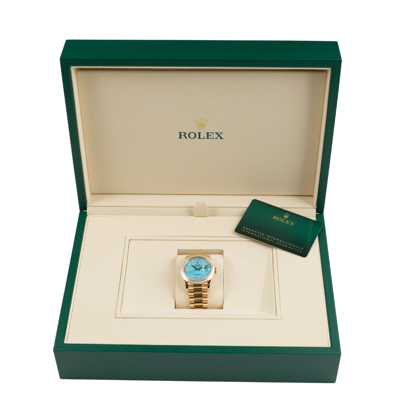 Day-Date 36mm Yellow Gold Turquoise Stone Diamond Roman Numerals Dial Diamond Bezel 128398TBR