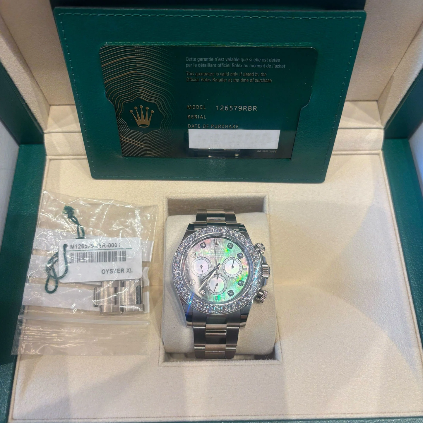 Daytona 40mm Oyster White Gold Black and White Mother of Pearl Diamond Dial & Bezel 126579RBR
