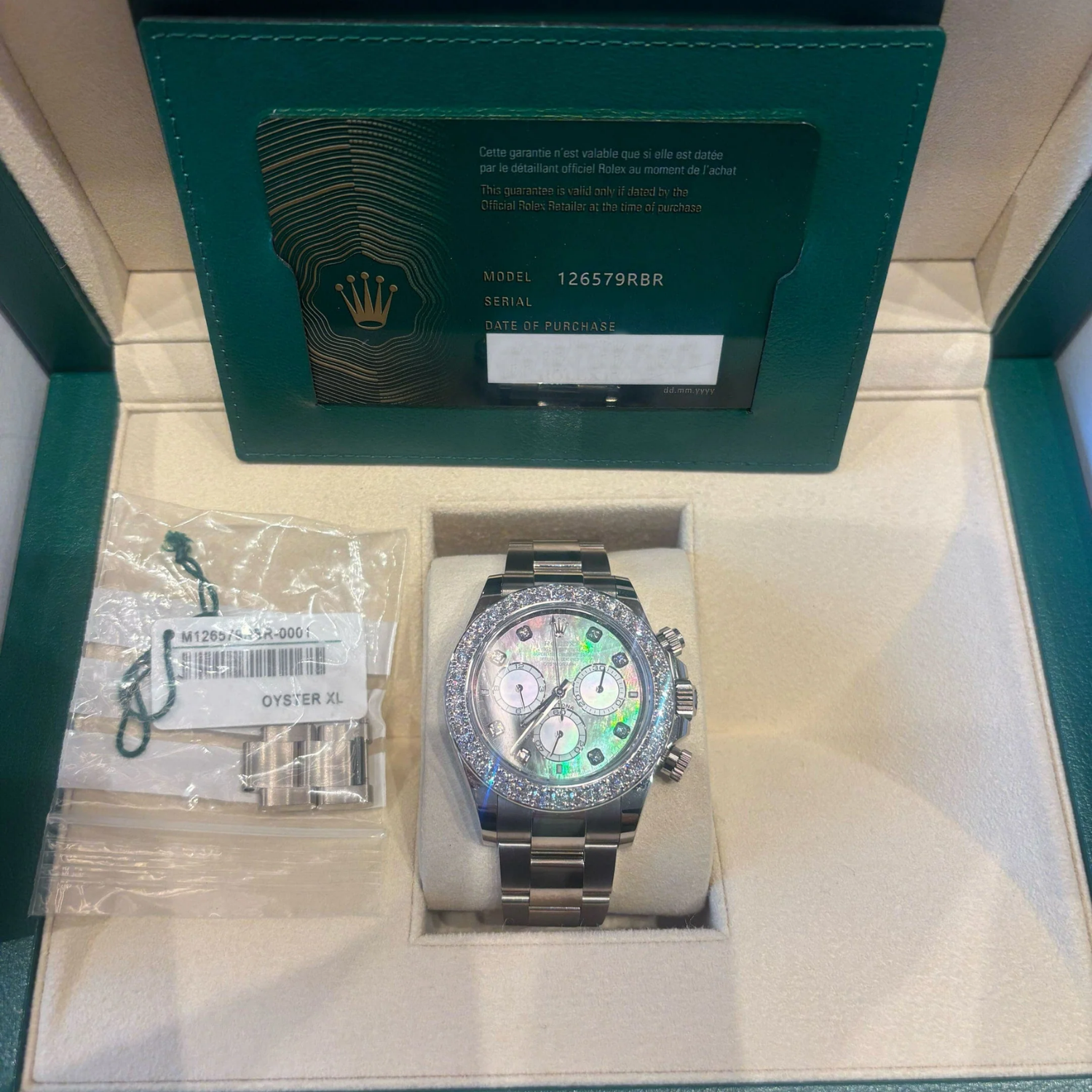 Daytona 40mm Oyster White Gold Black and White Mother of Pearl Diamond Dial & Bezel 126579RBR