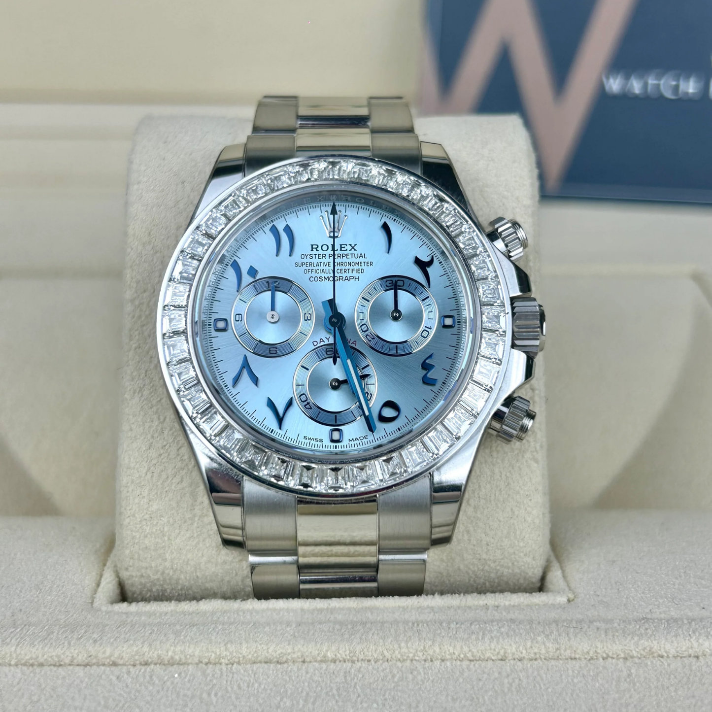 Daytona 40mm Baguette Diamond Bezel IceBlue Arabic Dial 116576TBR-0005