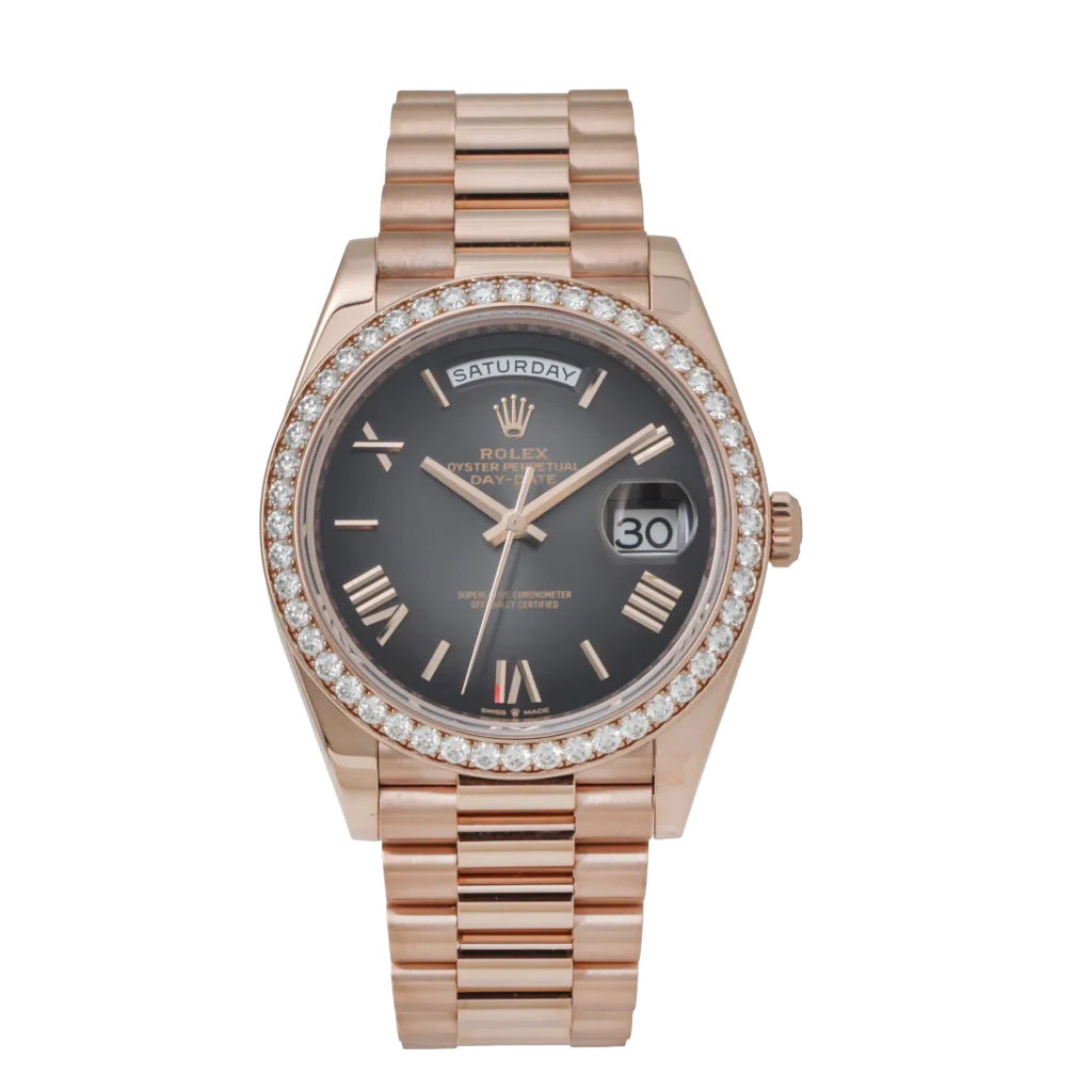 Day-Date 40 228345 Rose Gold Black Dial Diamond Bezel
