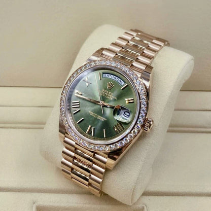 Day-Date President 40mm Everose Gold Olive Green Roman Dial Diamond Bezel - 228345RBR - New 2025