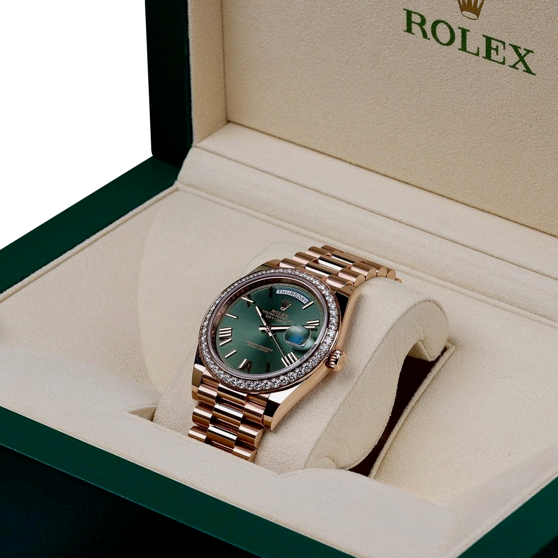 Day-Date President 40mm Everose Gold Olive Green Roman Dial Diamond Bezel - 228345RBR - New 2025