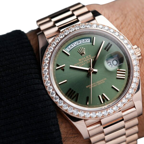 Day-Date President 40mm Everose Gold Olive Green Roman Dial Diamond Bezel - 228345RBR - New 2025