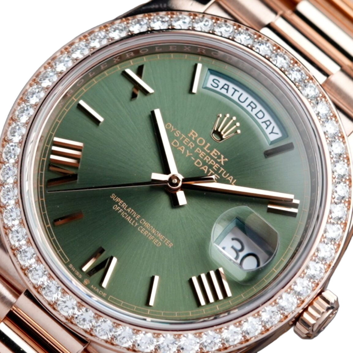 Day-Date President 40mm Everose Gold Olive Green Roman Dial Diamond Bezel - 228345RBR - New 2025
