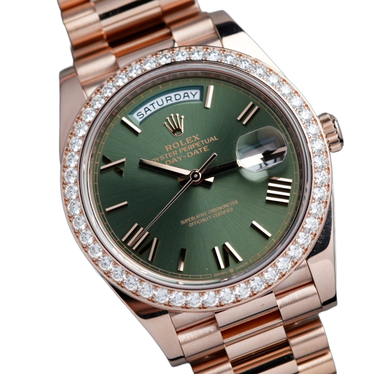 Day-Date President 40mm Everose Gold Olive Green Roman Dial Diamond Bezel - 228345RBR - New 2025