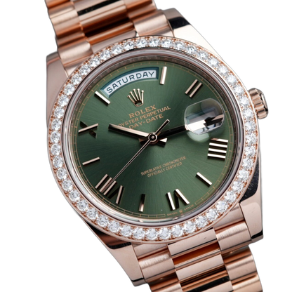 Day-Date President 40mm Everose Gold Olive Green Roman Dial Diamond Bezel - 228345RBR - New 2025