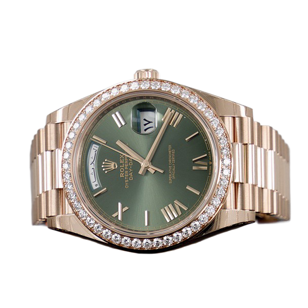 Day-Date President 40mm Everose Gold Olive Green Roman Dial Diamond Bezel - 228345RBR - New 2025