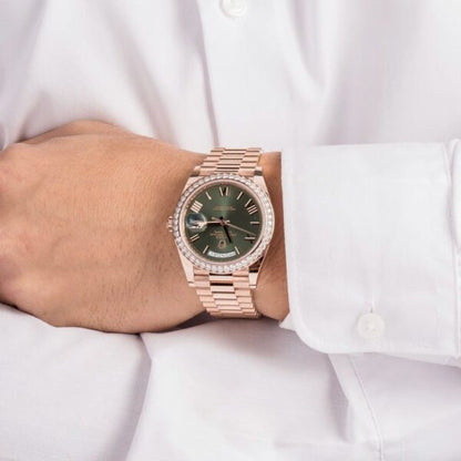 Day-Date President 40mm Everose Gold Olive Green Roman Dial Diamond Bezel - 228345RBR - New 2025