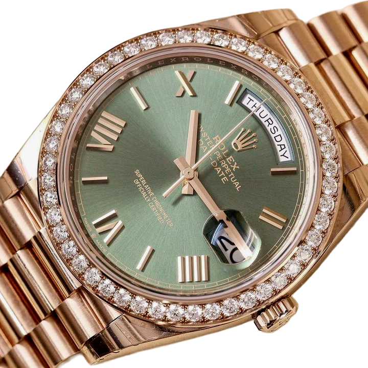 Day-Date President 40mm Everose Gold Olive Green Roman Dial Diamond Bezel - 228345RBR - New 2025