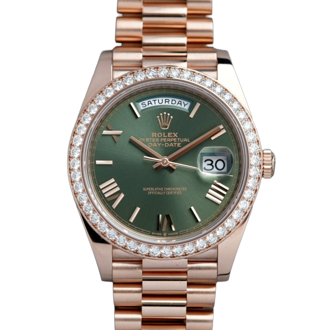 Day-Date President 40mm Everose Gold Olive Green Roman Dial Diamond Bezel - 228345RBR - New 2025