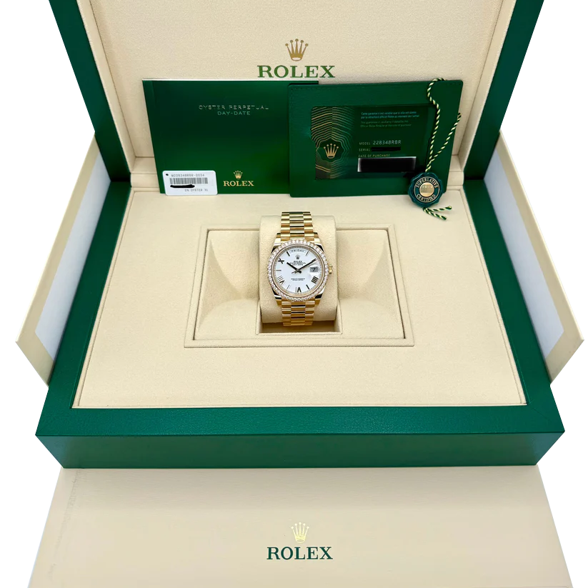 Day-Date 40 228348RBR Yellow Gold Diamond Bezel White Dial