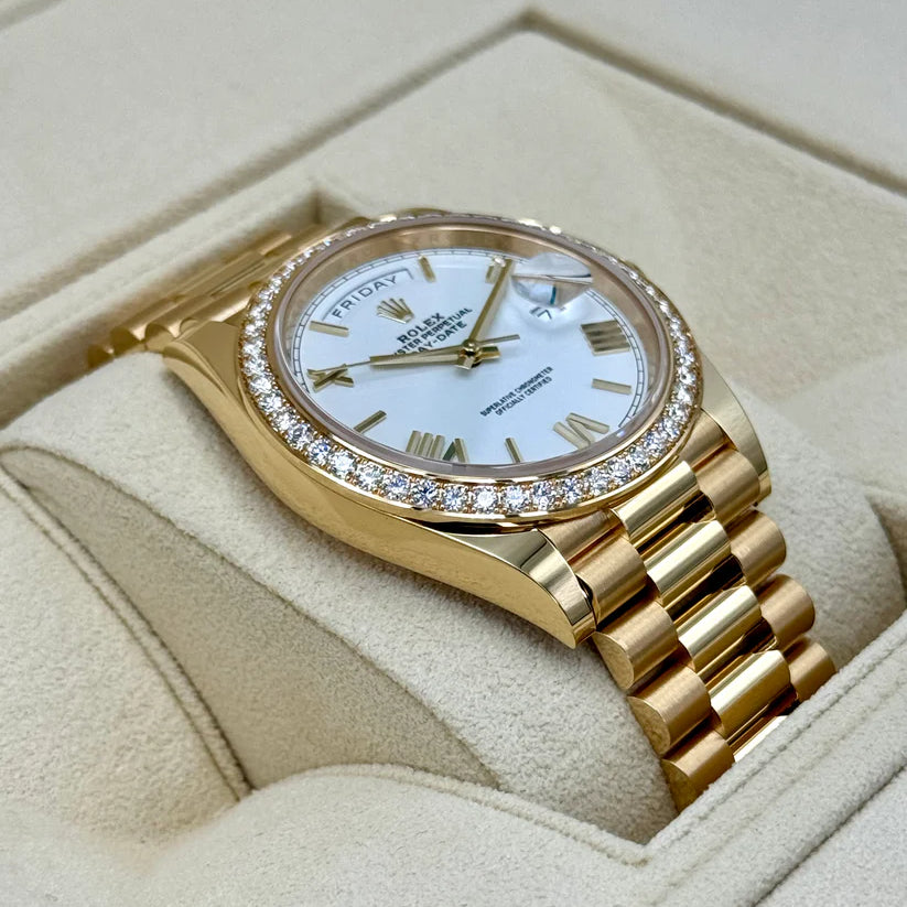 Day-Date 40 228348RBR Yellow Gold Diamond Bezel White Dial