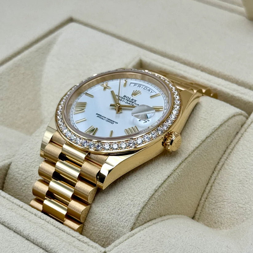 Day-Date 40 228348RBR Yellow Gold Diamond Bezel White Dial