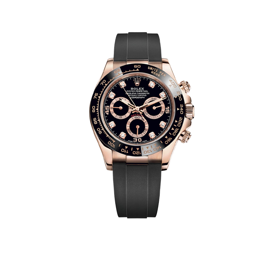 Daytona 40mm Rose Gold Black Diamond Dial Oysterflex Rubber Strap M116515LN-0057