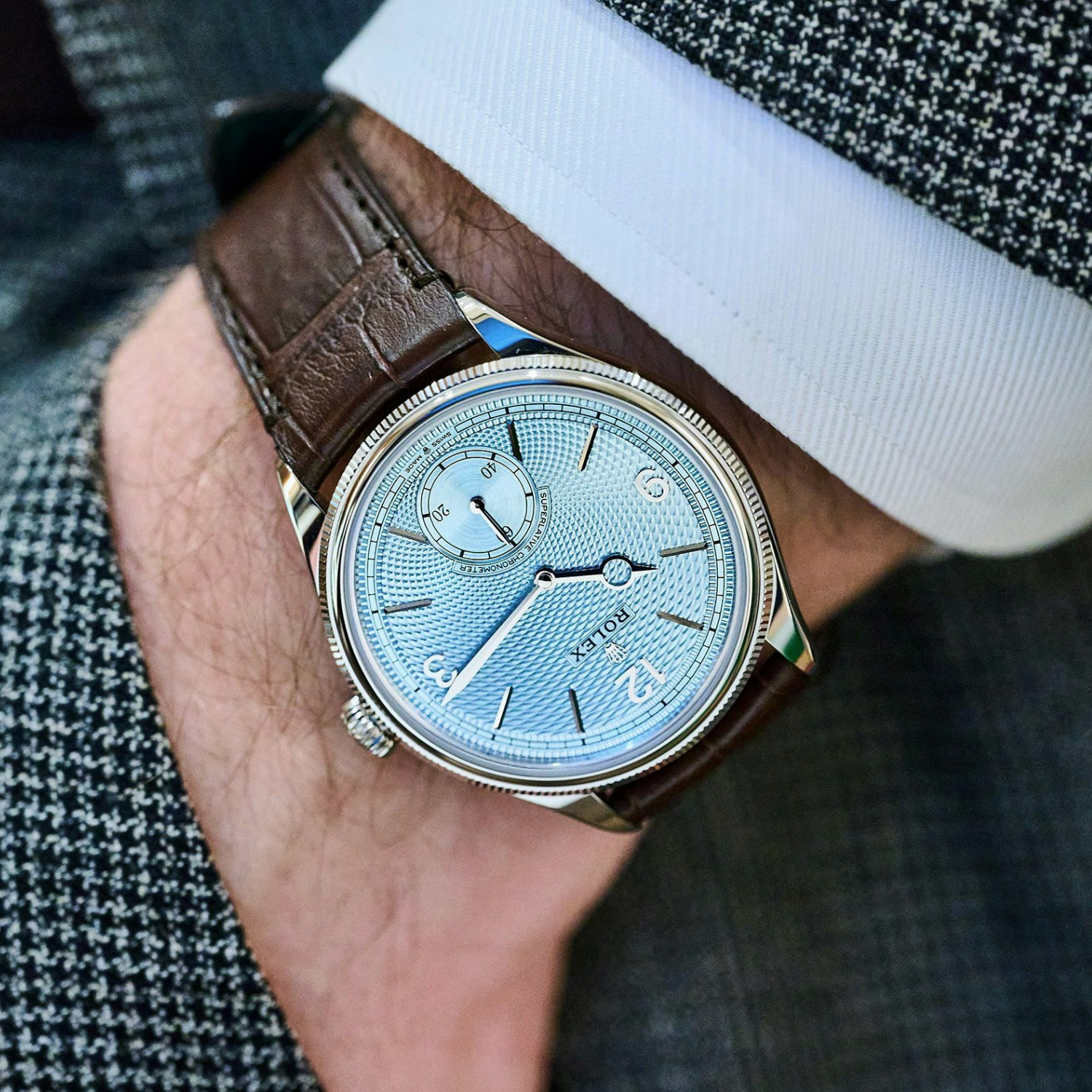 Perpetual 1908 39mm White Gold Platinum Ice Blue Dial Brown Alligator Leather Strap m52506-0002