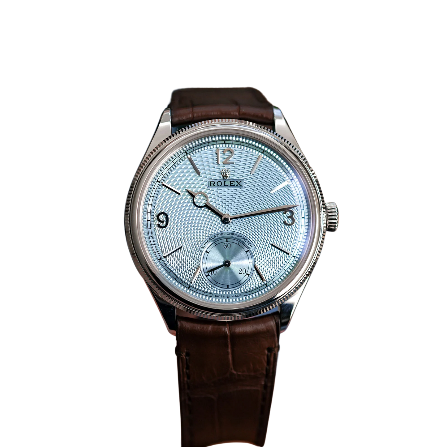 Perpetual 1908 39mm White Gold Platinum Ice Blue Dial Brown Alligator Leather Strap m52506-0002