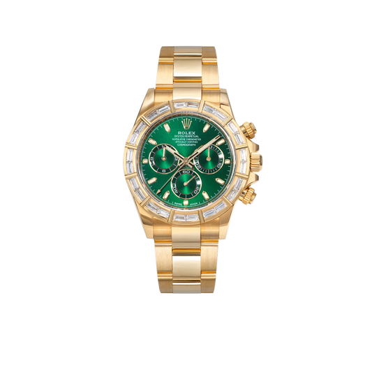 Daytona 40mm Green Dial 18K Yellow Gold Baguette Diamond Bezel Watch 116568BR (Super Clone)