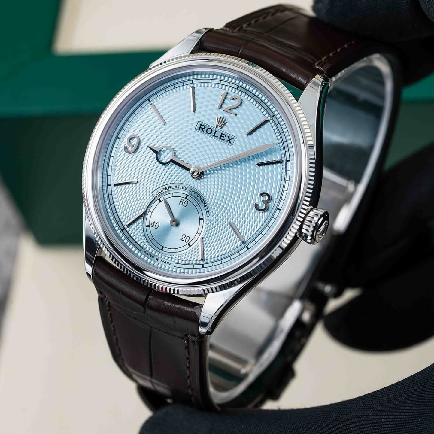 Perpetual 1908 39mm White Gold Platinum Ice Blue Dial Brown Alligator Leather Strap m52506-0002